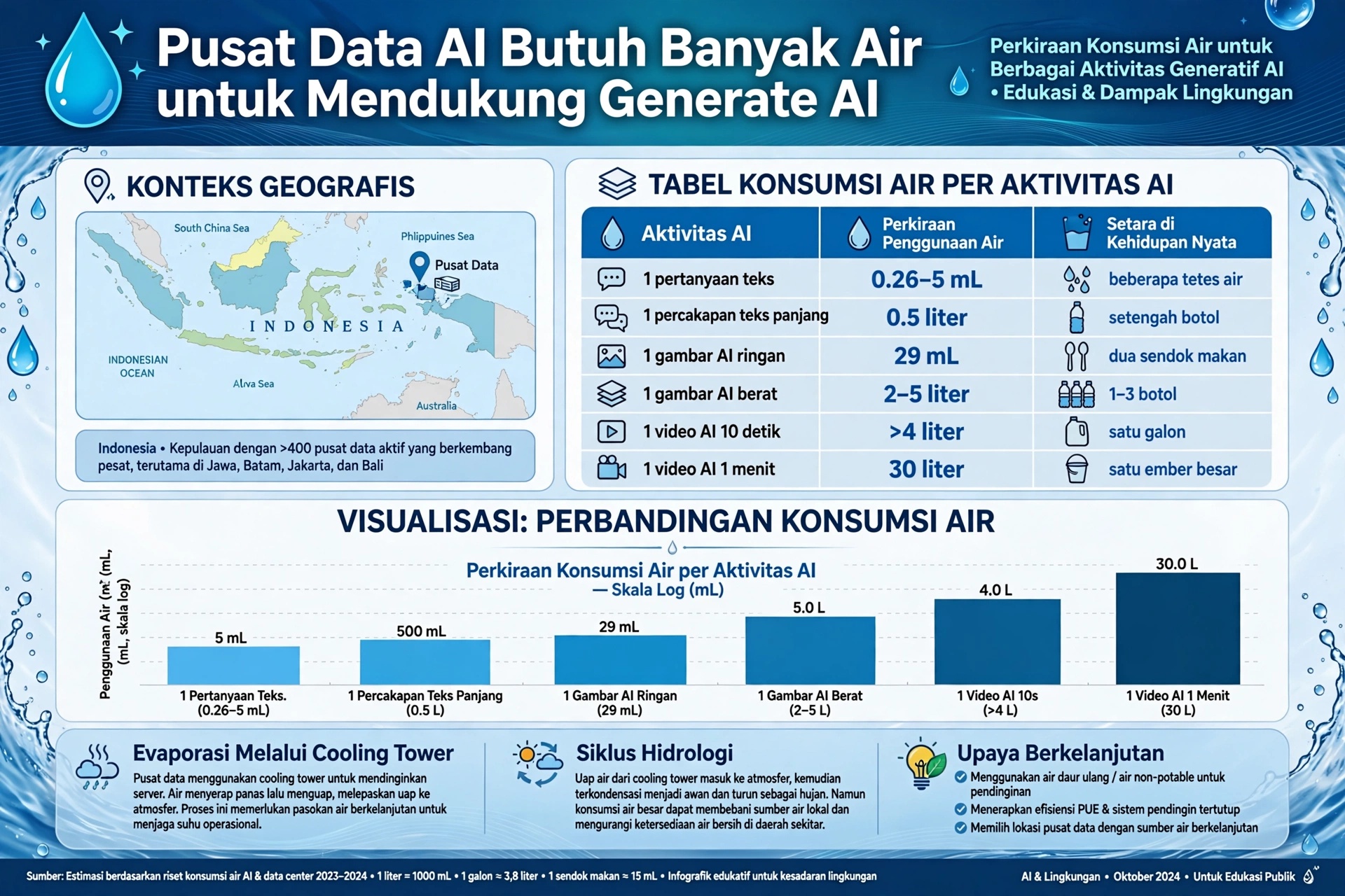Kebutuhan Air untuk mendinginkan pusat data karena bekerja tanpa henti.